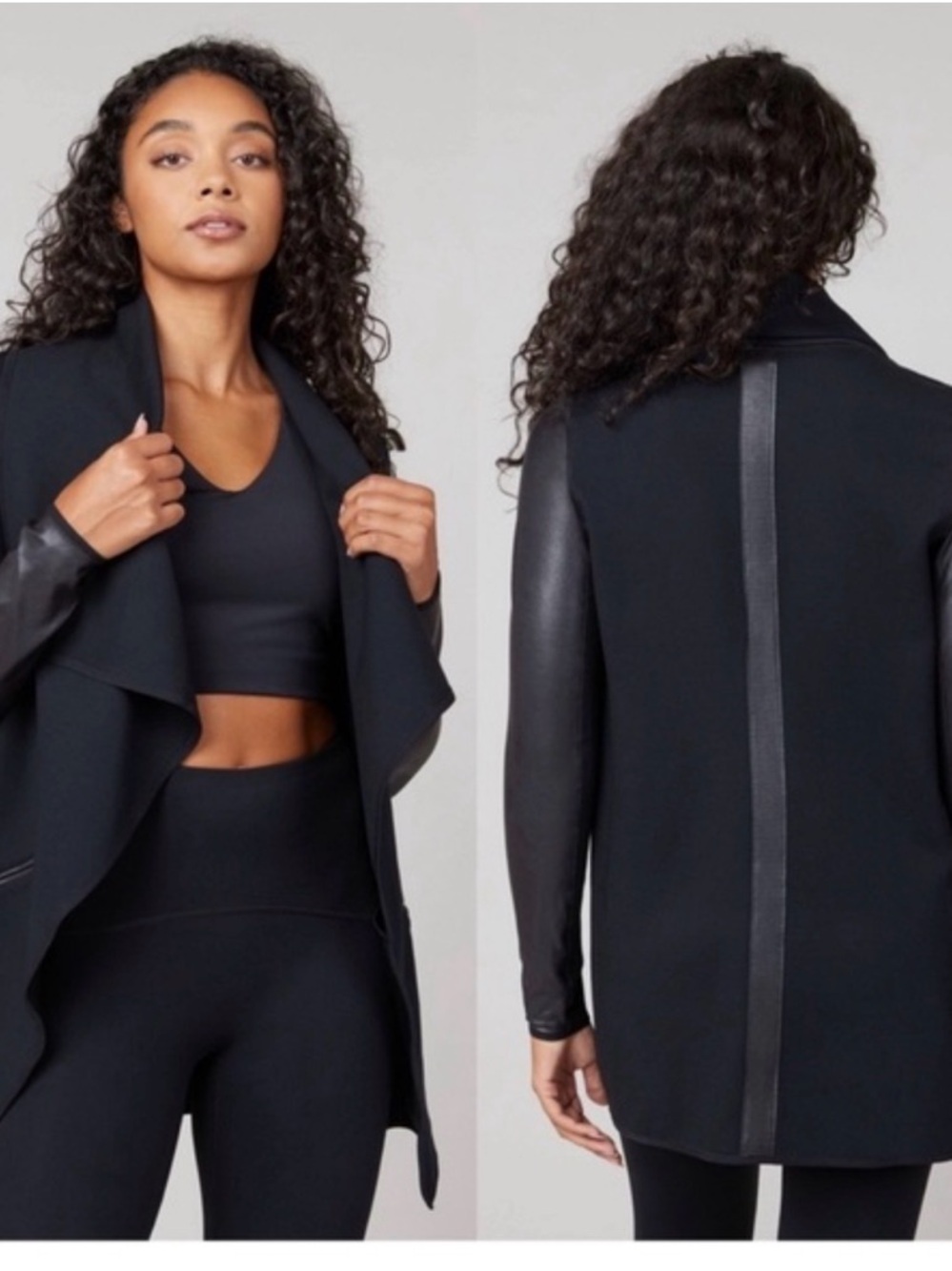 SPANX Faux Leather Convertible Jacket, a black drape-front faux leather accents